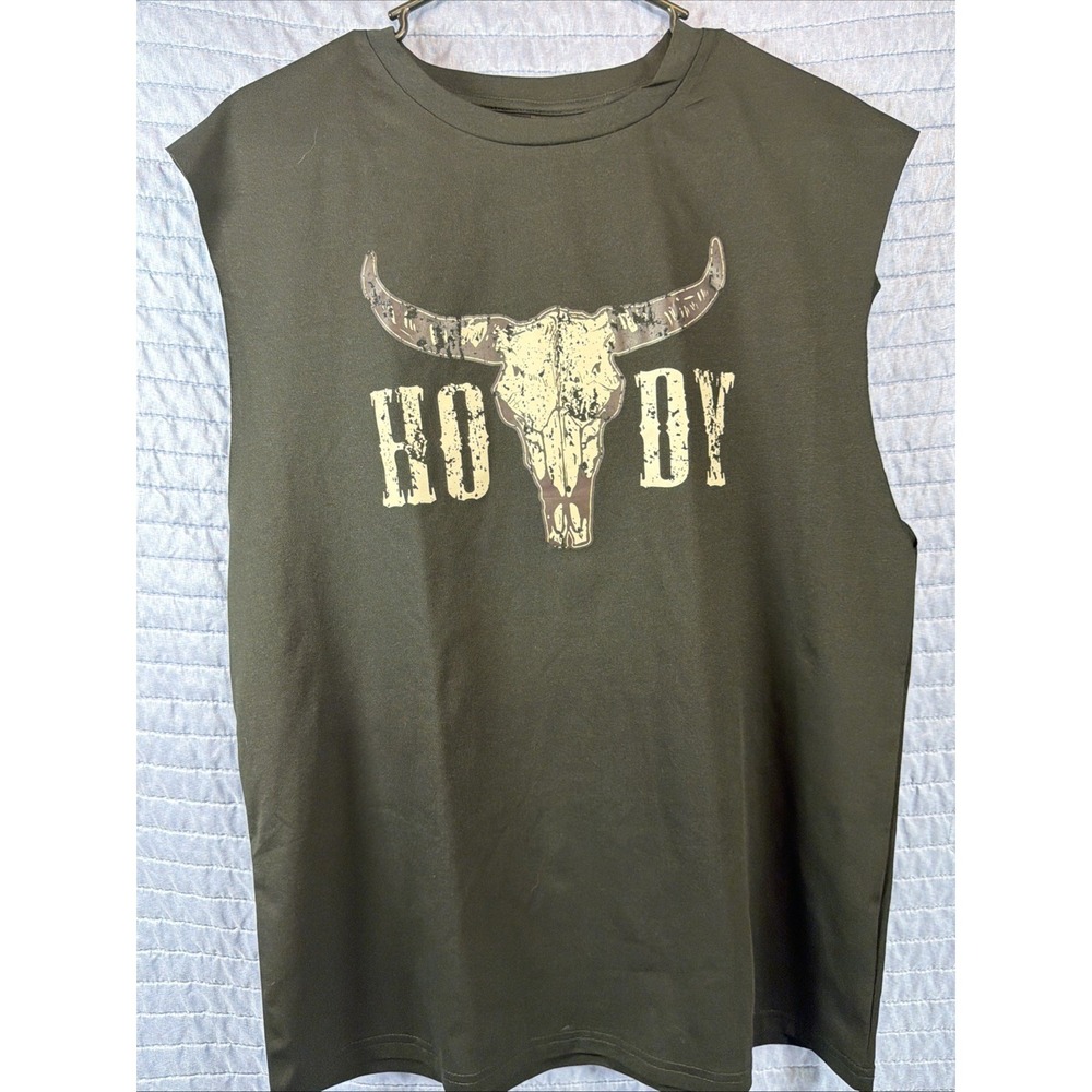 Manfinity Howdy Bull Skull Tank Top Mens Large Brown Western Graphic